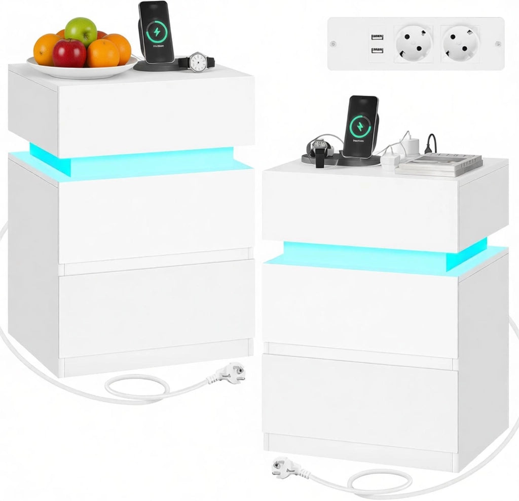 COMODINO Set 2 unità 35x40x55 cm Bianco con LED e stazione di ricarica