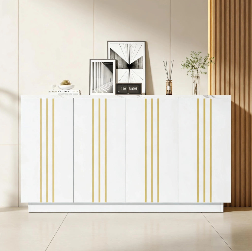 Credenza bianca e oro a 4 ante, 35 x 140 x 70 cm
