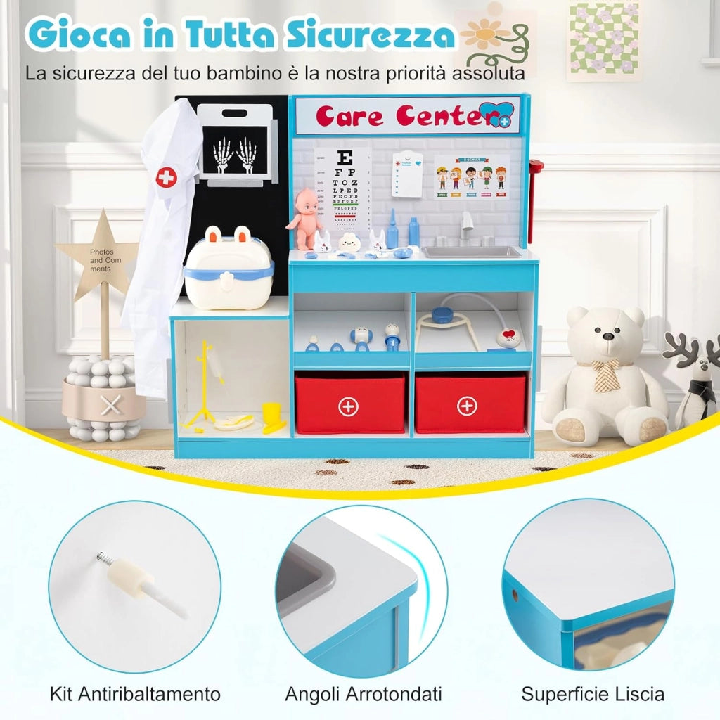 Set Gioco Dottore per Bambini, Gioco di Ruolo Medico in Legno con Stetoscopio, Radiografie, Monitor ECG, Tabella Oculistica e 29 Accessori, Medico Giocattolo per Bambini 3+ Anni (Blu)