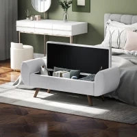 Panca Contenitore Fondo Letto con Braccioli in Tessuto, Gambe in Legno e Vano da 53.8L, 132x42x50 cm, Grigio