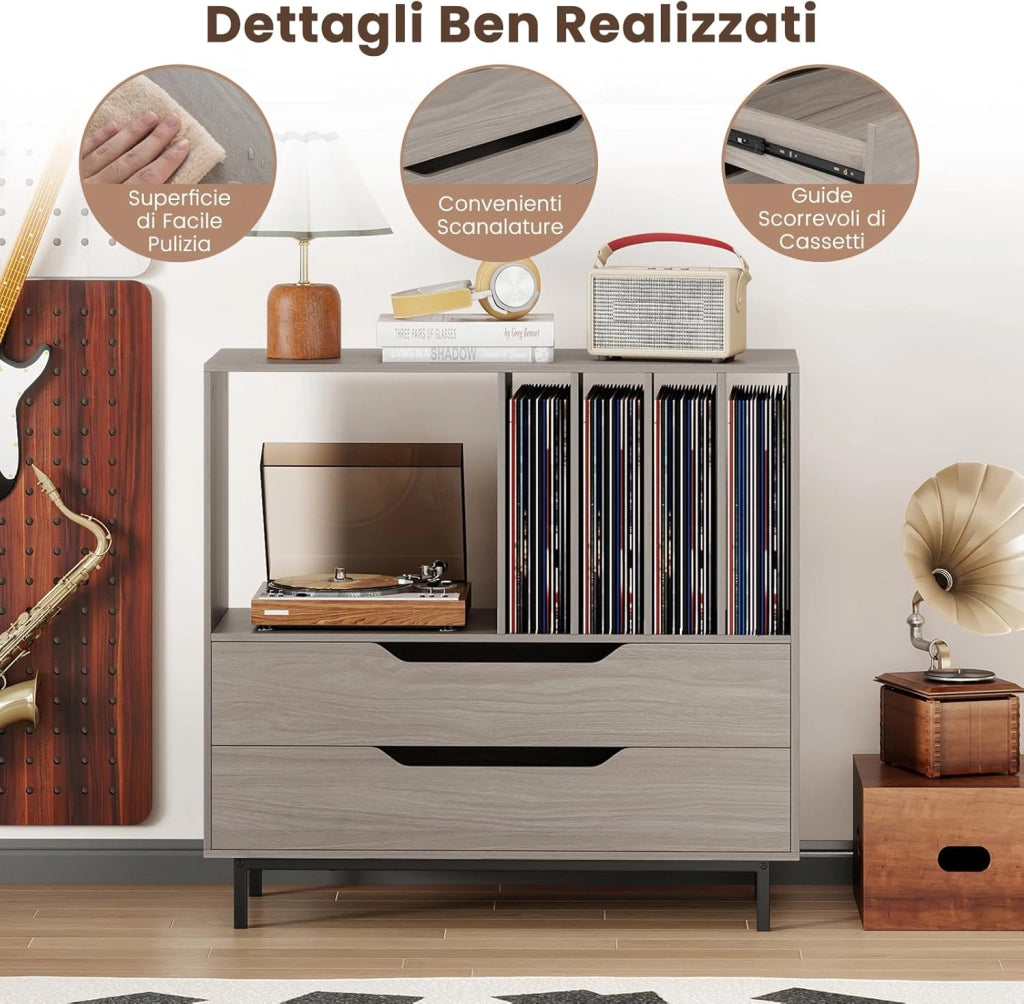 Supporto per Giradischi, Porta Dischi Vinile con 4 Ripiani per Vinili e 2 Cassetti, Armadio per Dischi Fino a 250 Album, per Soggiorno, Studio e Camera da Letto, 91 x 35 x 87 cm (Grigio)