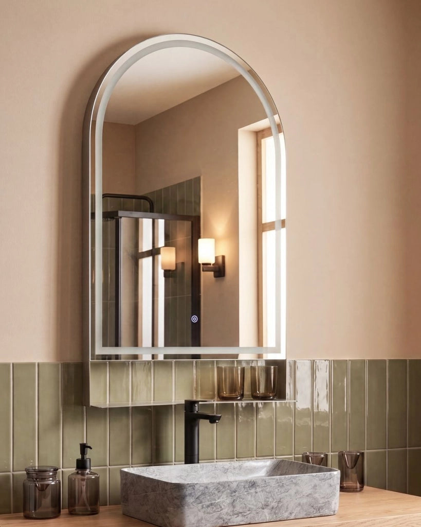 Specchio LED da Parete Moderno 100 x 60 cm con Mensola per Bagno, Camera da Letto e Trucco