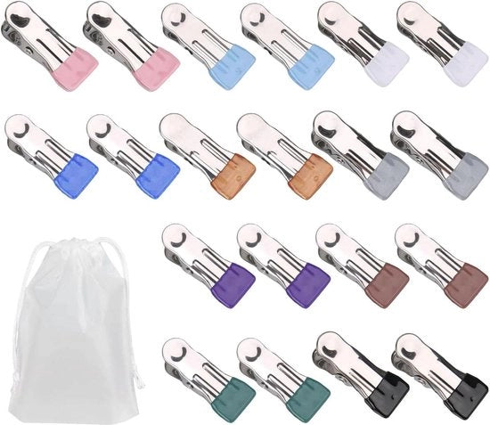 20 x clip di asciugatura - 1 x sacchetto di stoccaggio - clip metalliche - clip per calze - per lavatrice e asciugatrice - clip per asciugamano da spiaggia.