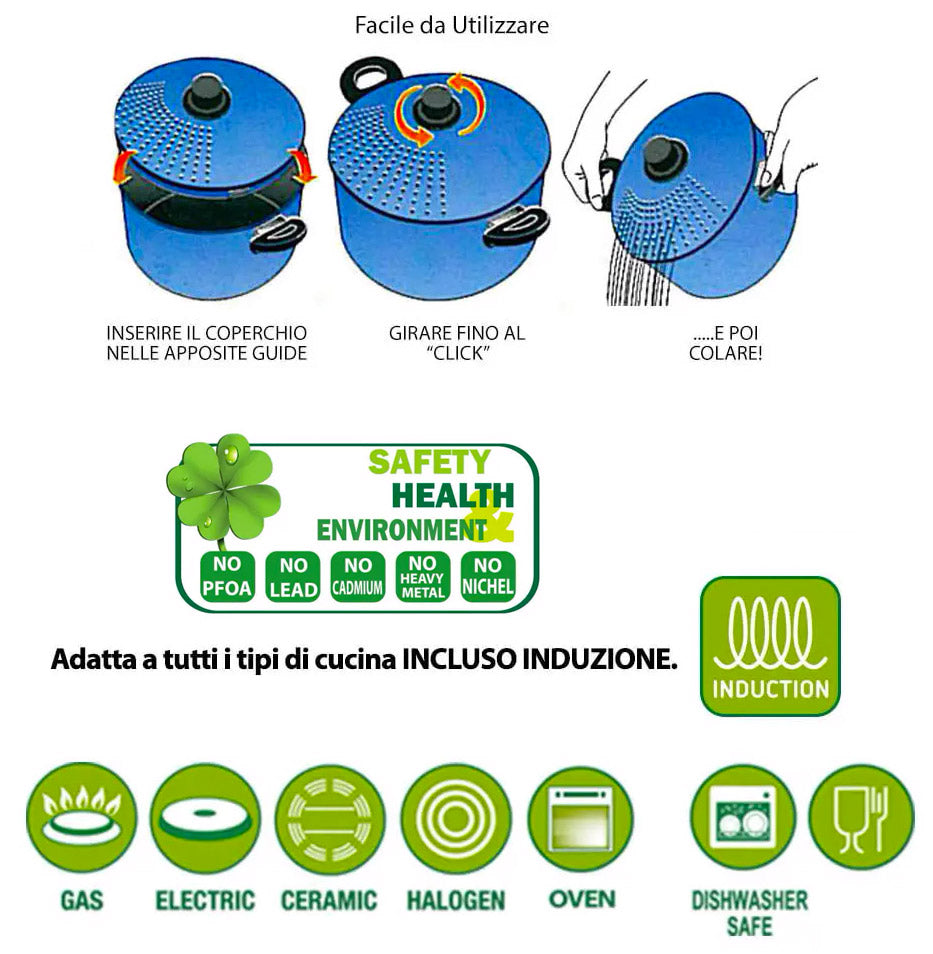 Pentola Pastì in Alluminio Ø 20 cm Antiaderente Induzione Coperchio Colapasta Silex Onion