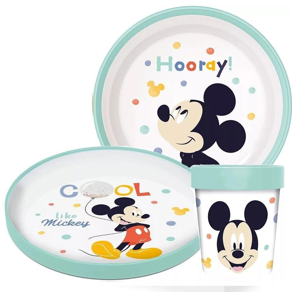 Trade Shop - Set Pappa Topolino Bicchiere Piatti Antiscivolo Azzurro Bambini Prima Pappa -