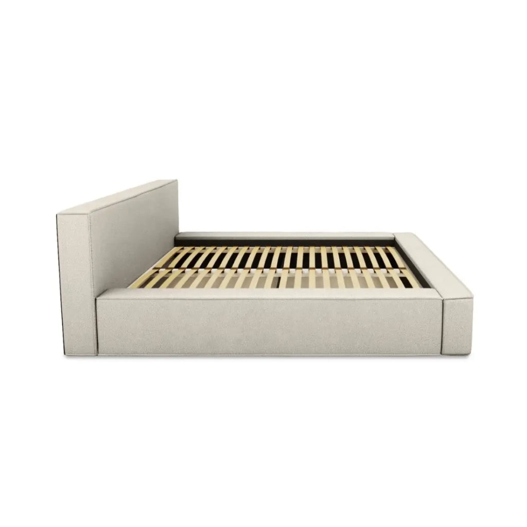 Letto contenitore VELORA – Lino naturale bouclé – 160x200 cm – Tessuto effetto lana – Rete sollevabile – Contenitore integrato
