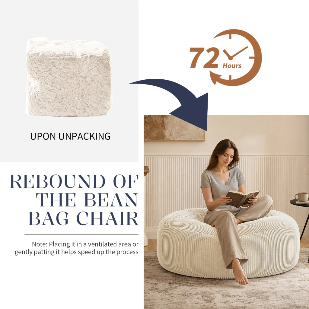 Fauteuil pouf rotondo con imbottitura in memory foam granulare e fodera in velluto a coste bianco