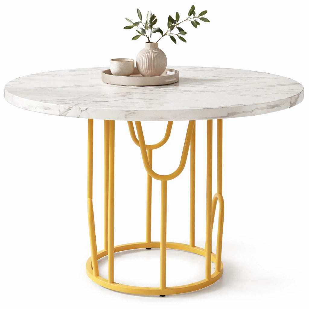 Tavolo da pranzo rotondo 80x80x76 cm in MDF e metallo; gambe oro; stile classico