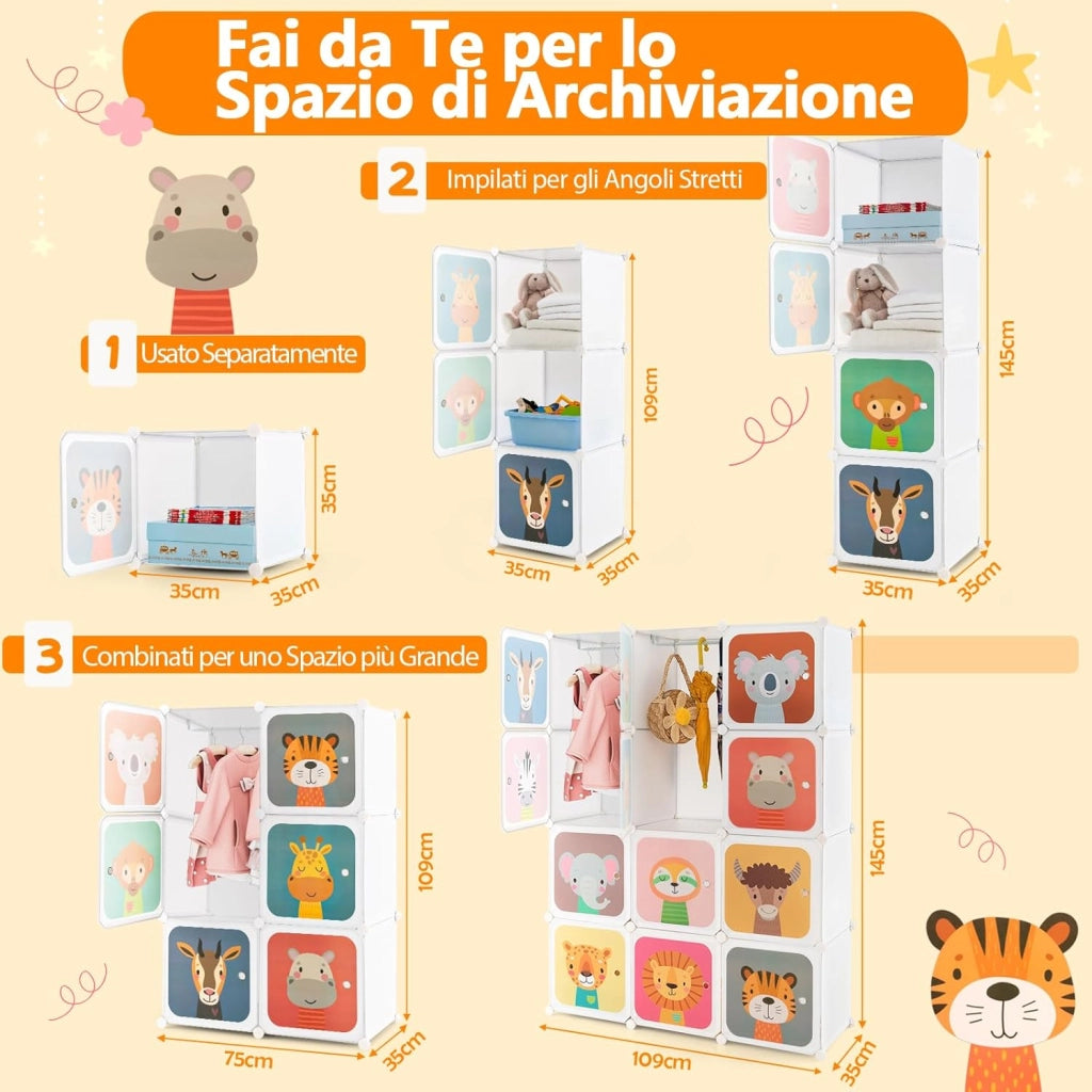Guardaroba Portatile per Bambini, Armadio Portatile con 12 Cubi, Organizzatore Modulari per Camera dei Bambini Soggiorno, 109 x 35 x 145 cm (Bianco)