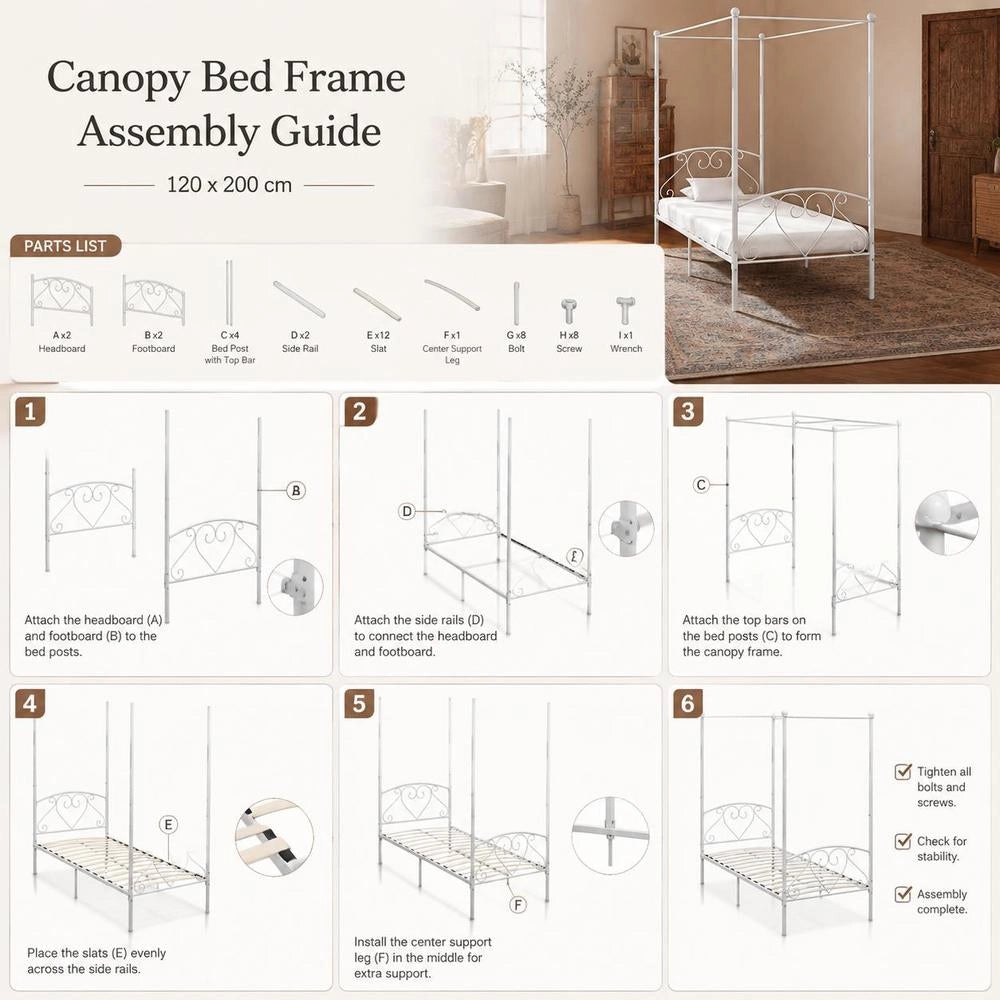 Canopy Bed Frame, White Metal, 120 X 200 Cm