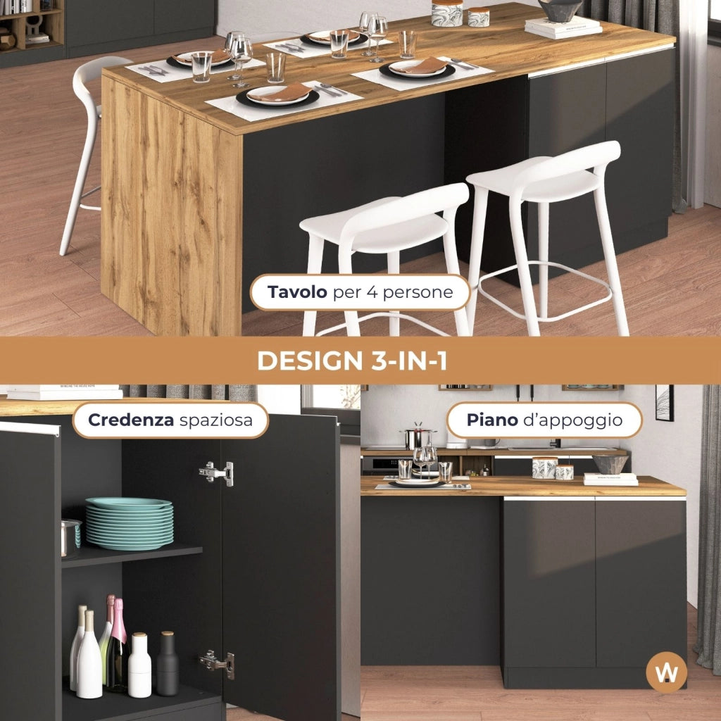 WHOUS Isola da cucina Sole a 4 ante antracite opaco/rovere 200x90x90 cm