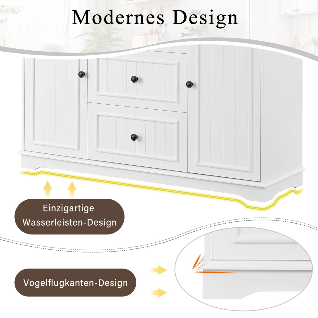 Credenza con 3 cassetti; 2 ante e ripiani regolabili per cucina e soggiorno in MDF bianco 126×40×86 cm