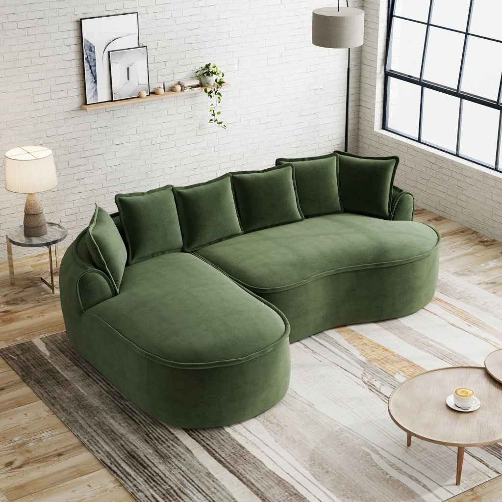 Divano modulare in ciniglia; 2 moduli; con chaise longue e ampi braccioli; verde