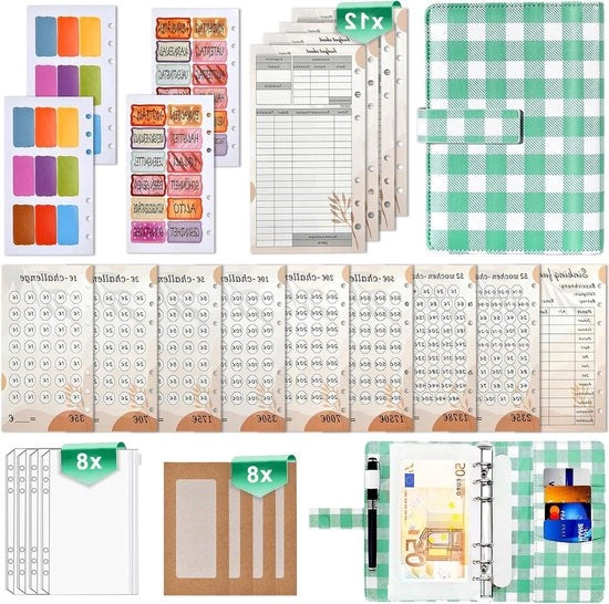 Organizzatore di denaro A6 con pelle PU e LED - risparmio - plaid verde