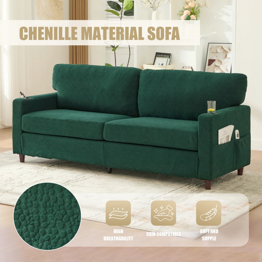 Divano 2 posti da soggiorno con usb c led dimmerabile portabevande e tasche laterali in chenille verde smeraldo