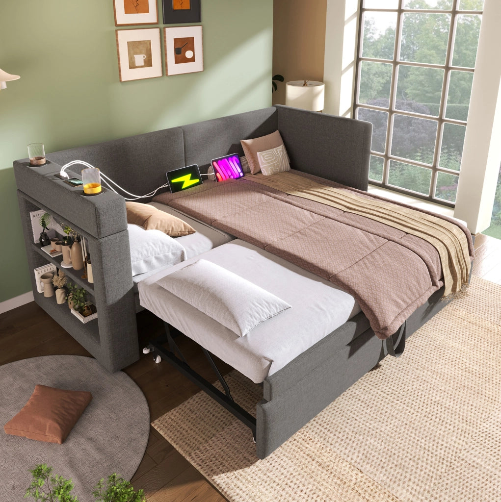 Divano letto 90x200 cm con letto estraibile e USB; cotone e lino grigio