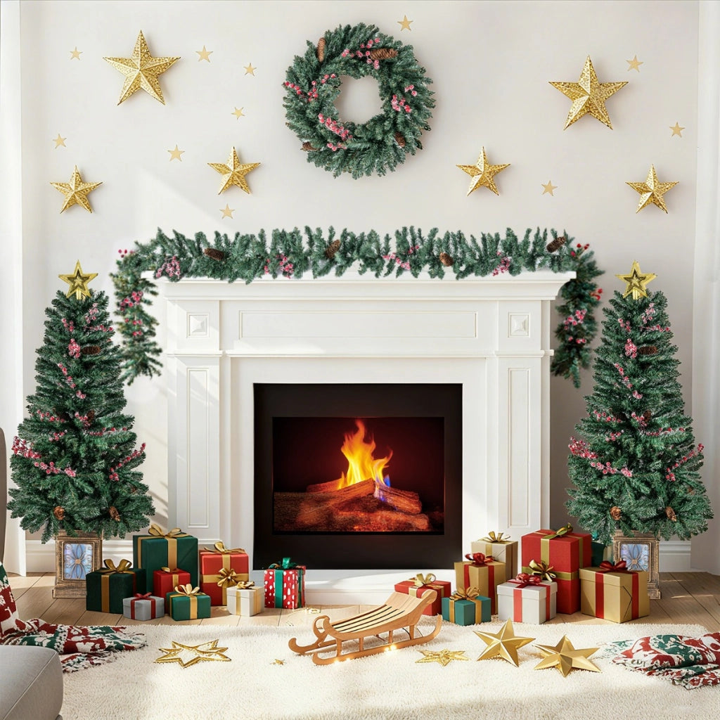 Set di 2 alberi di natale artificiali realistici in vaso con ghirlanda, Decorazione natalizie per camino ingresso festa Verde