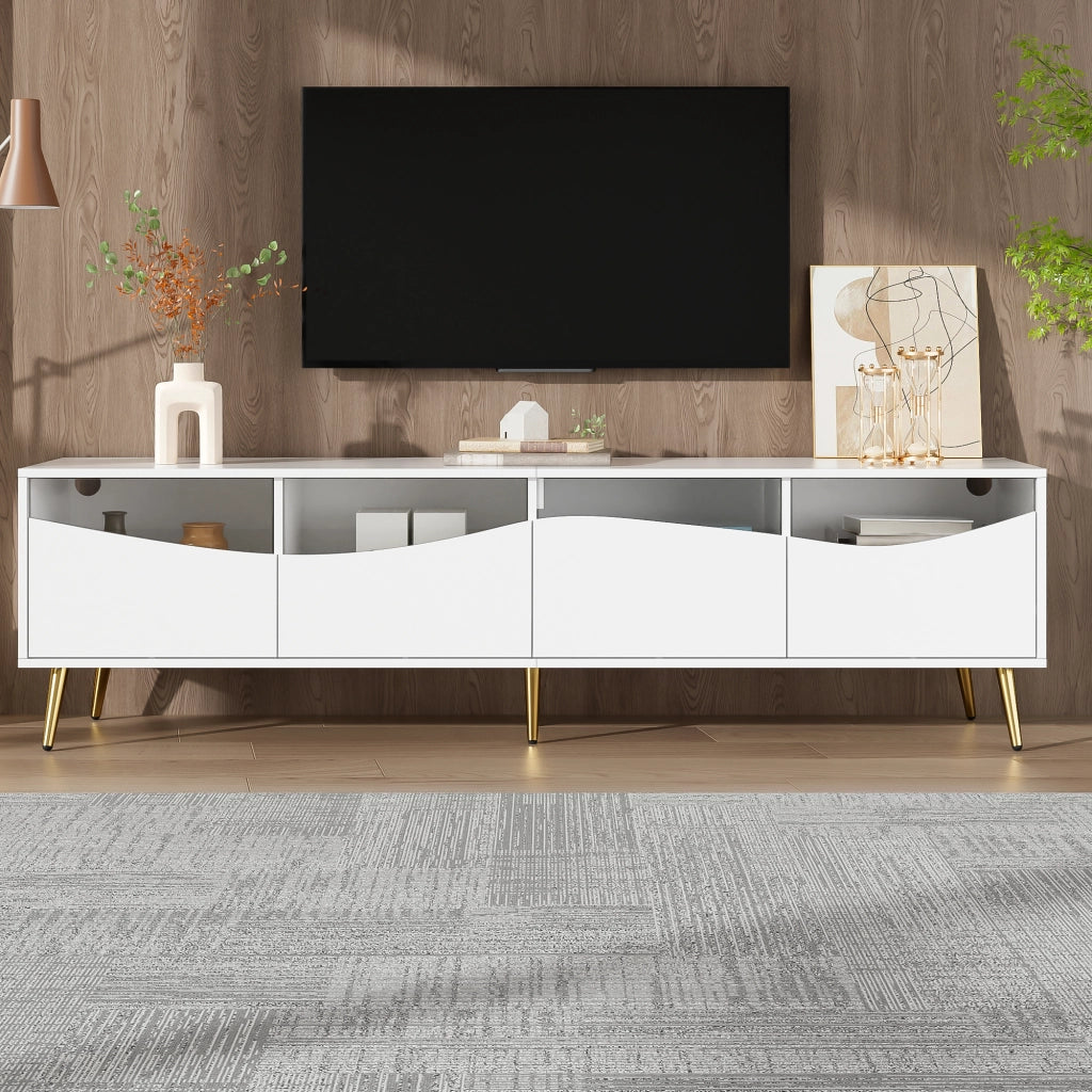 OKWISH Mobile TV con Vani Contenitori, LED e Passacavi, Frontali in Vetro, per Soggiorno, MDF, Bianco, 180 x 40 x 50 cm