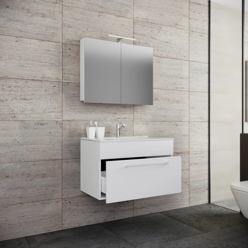 Completo di Ezooza Mobile sospeso con 1 cassetto Extra Large con lavabo in ceramica di alta qualità e mobile specchio, Bianco ,