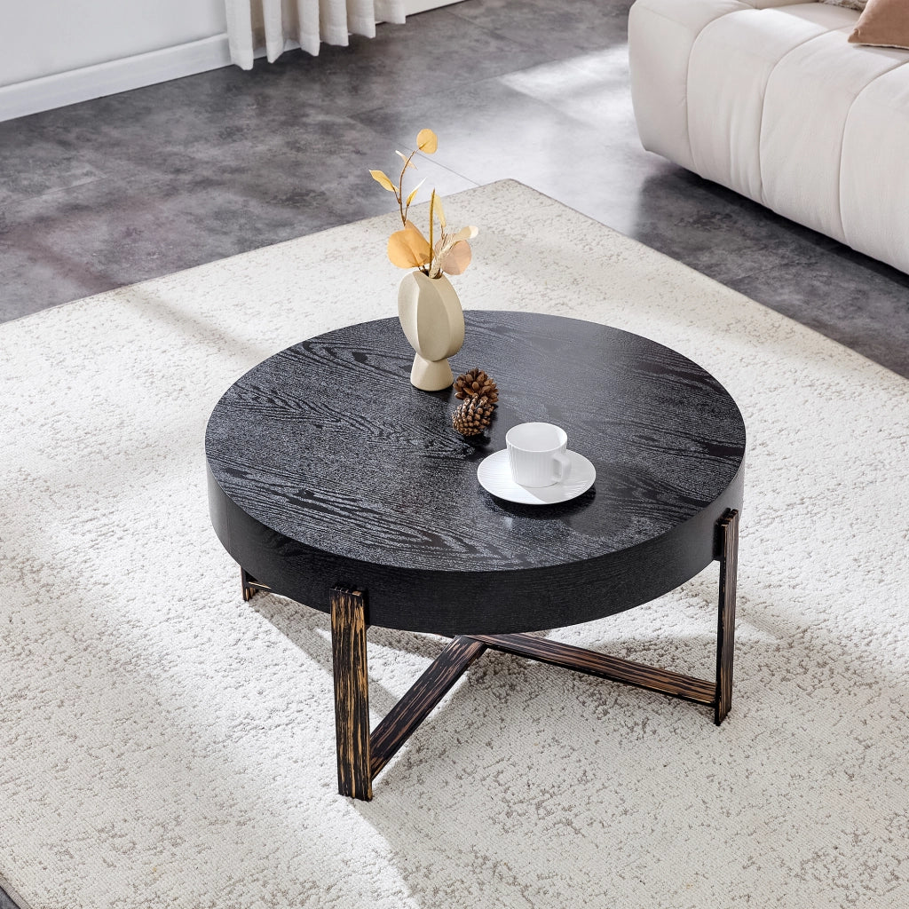 TAVOLO DA SALOTTO ROTONDO 68 cm MDF Nero e Metallo Bronzo Antico