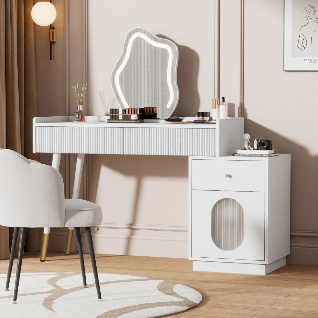 Toeletta bianca con LED touch, 2 cassetti e mobile laterale, 100x40x75 cm