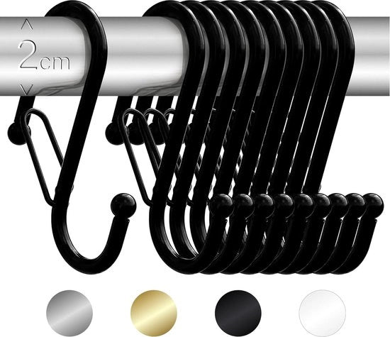 10 Haken a forma S con sistema di sicurezza anti caduta. Modello Reale. Aiuto per l'organizzazione della casa. (nero lucido, medio (spessore <2cm))