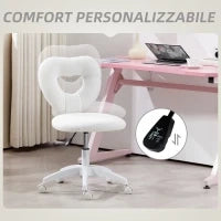 Sedia da Ufficio Imbottita con Schienale a Cuore e Rotelle, in Velluto Teddy e Plastica, 45x56x78-88 cm, Bianco