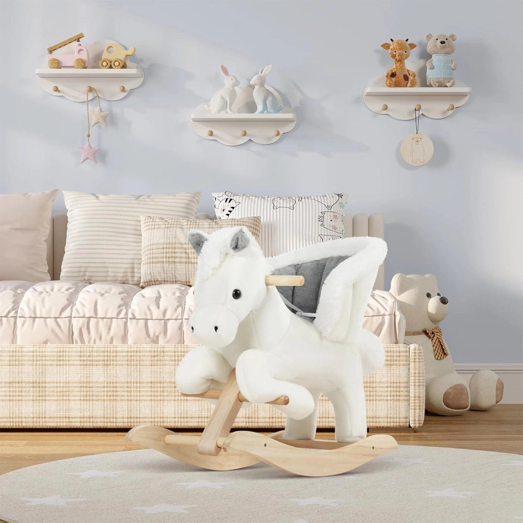 Cavallo a Dondolo in Legno Cavalluccio per Bambini Peluche Giocattolo Cavalcabile con Suoni e Cintura di Sicurezza Regalo Bimbi 1/2/3 Anni, Bianco e Grigio