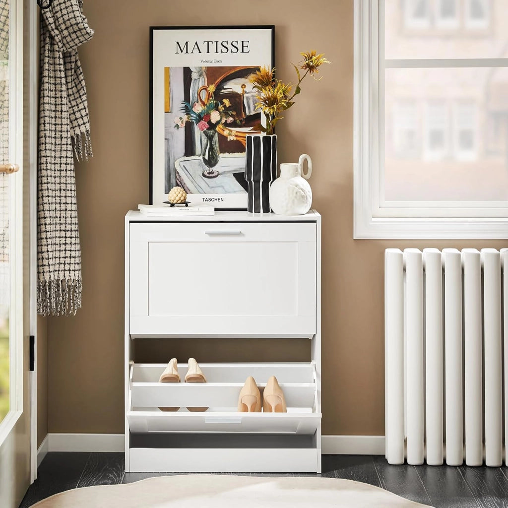 Scarpiera Salvaspazio Slim Scarpiera Ingresso a 2 Ribalte - Design Compatto Moderno + Capacità 12 Paia + Adatta a Corridoi Stretti - Bianco 60x25x80cm FSR137-W