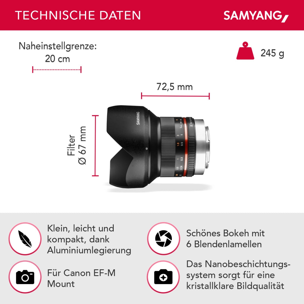 Obiettivo grandangolare fisso 12mm F2.0 APS-C per Canon M-APS-C, focus manuale – Fotocamera EOS M6 Mark II, EOS M50, EOS M200, EOS M100, EOS M10, EOS M6 II – nero