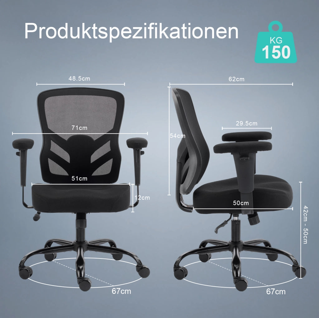Sedia da ufficio ergonomica nera con supporto lombare regolabile e braccioli 2D