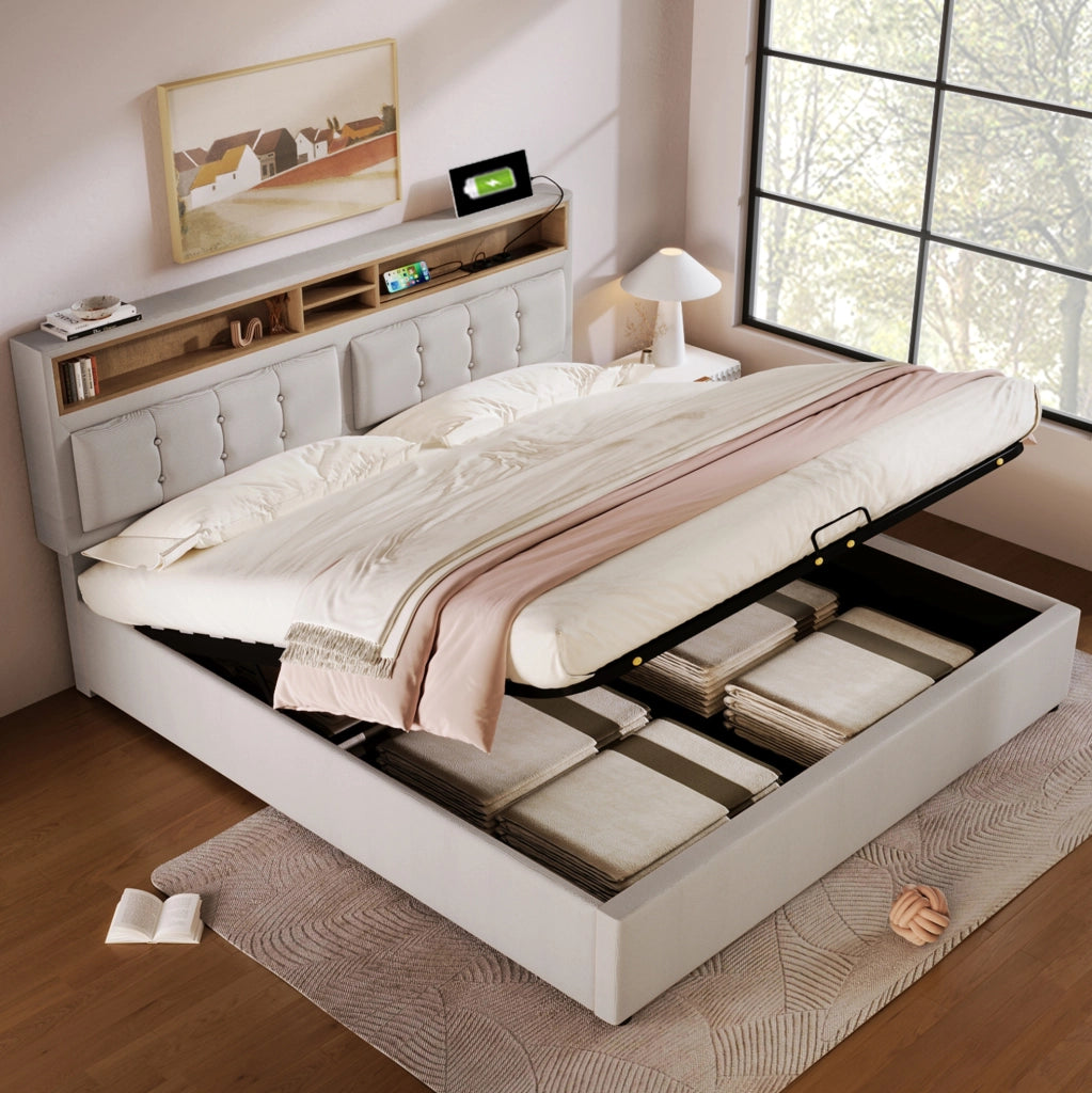 Letto matrimoniale imbottito 160x200 cm in lino beige con testiera regolabile; USB e Type-C; contenitore