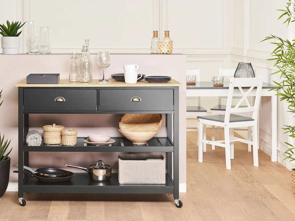 Carrello Cucina Nero Legno Chiaro Piano 2 Ripiani 2 Posate Cassetti Rotelle Scandinavo Moderno