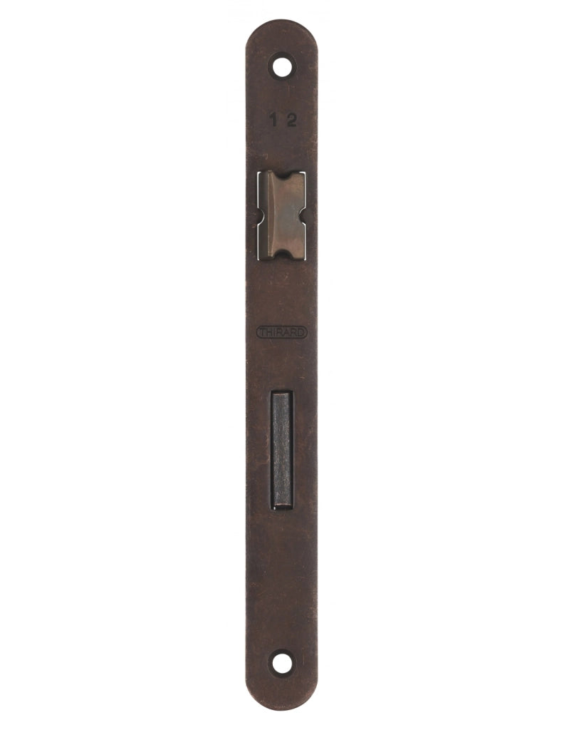 Serratura Patent da incasso 70mm x 40mm, reversibile, piastra tonda, richiamo 1/2 giro 1 chiave, bronzo - THIRARD