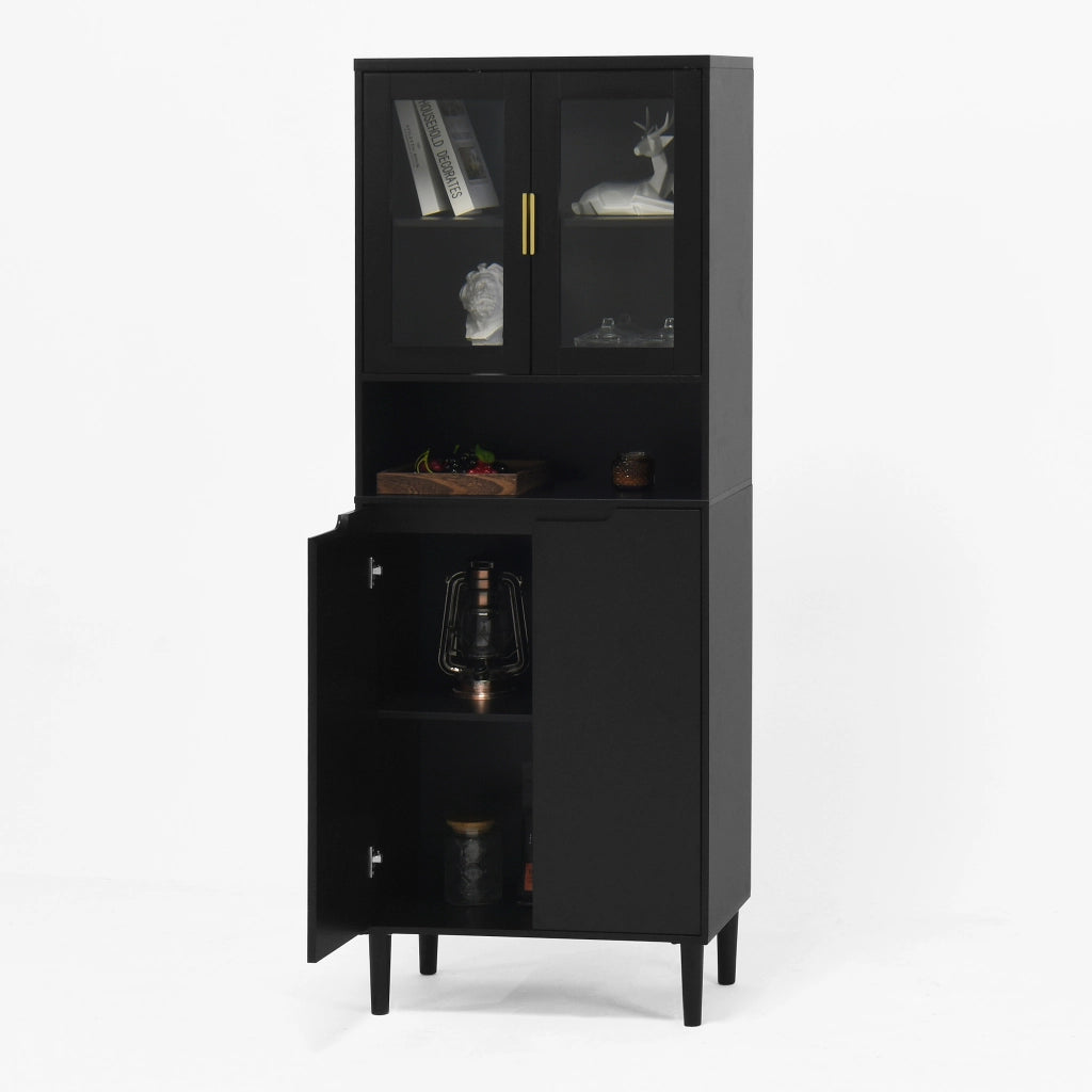 Mobile contenitore alto con ante in vetro temperato ripiani regolabili in MDF nero 60 × 35 × 160 cm
