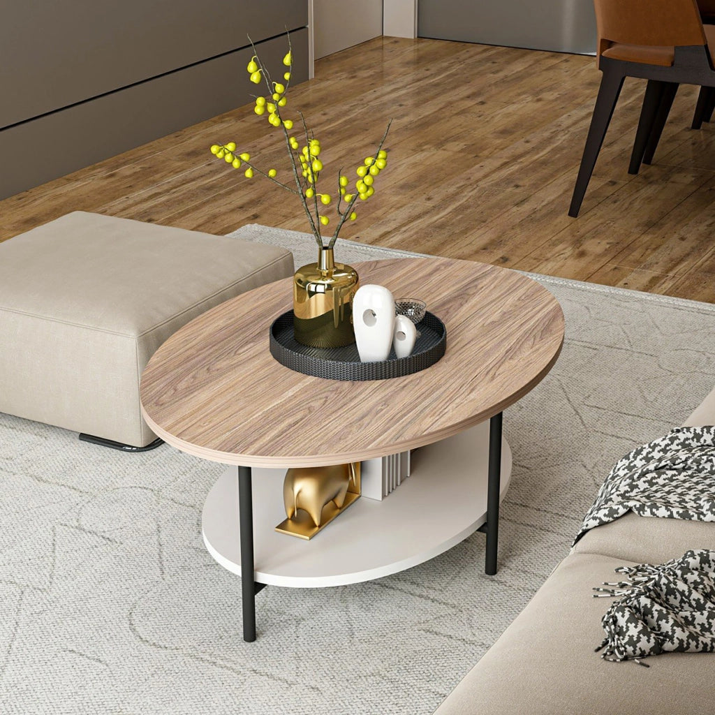 Tavolino da Caffè Fredericia con Piani Ovali - Effetto Rovere / Bianco [en.casa]