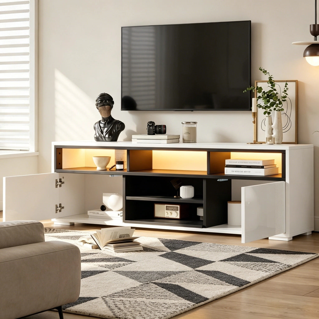 Mobile porta TV con LED, 2 ante e vani aperti, finitura lucida, per piccoli soggiorni, bianco, 150 × 35 × 50 cm