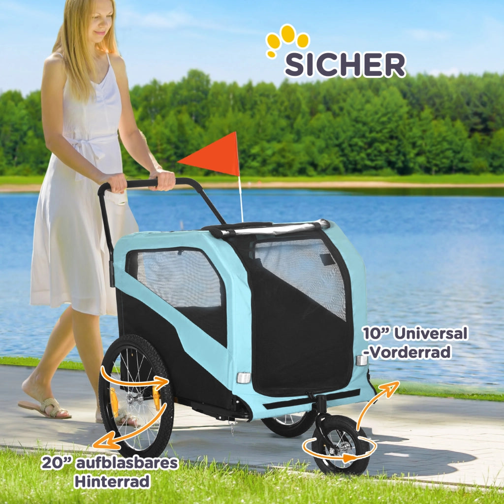 Carrello pieghevole 2 in 1 per cani con rimorchio bici, finestrini a rete, telaio in acciaio, blu 170 × 77 × 90 cm