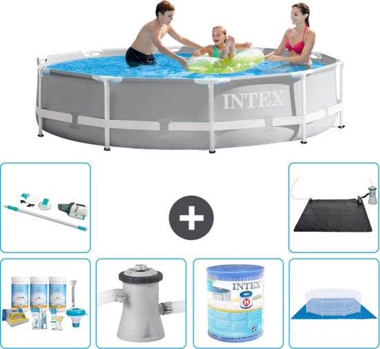 Piscina Rettangolare a Fisso - 305 x 76 cm - Grigia - Incluso Kit di Manutenzione - Pompa di Circuito - Filtro - Telo di Copertura - Aspirapolvere - Pannelli Solari