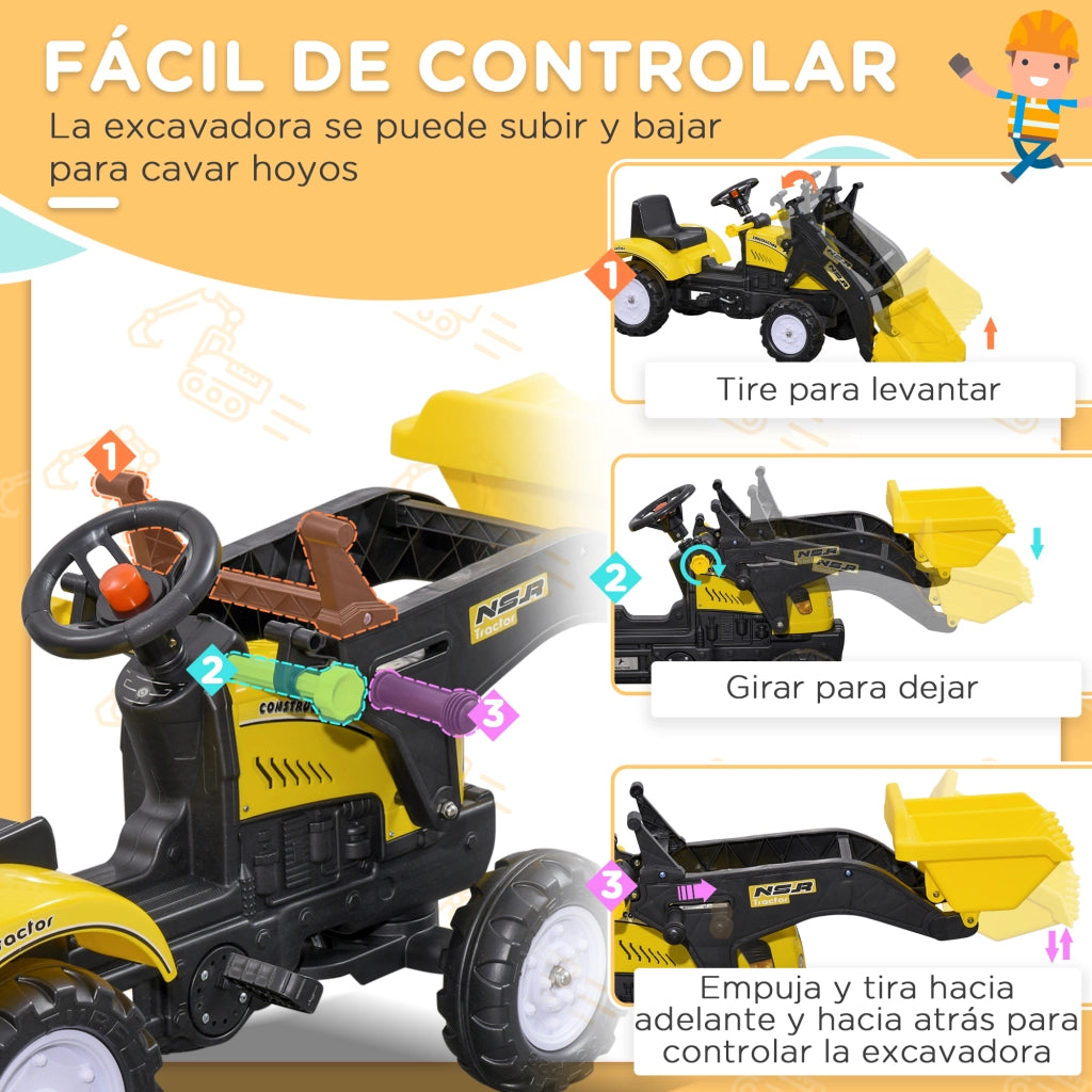 Trattore a Pedali Escavatore con Pala ¨C Xylo ¨C Giallo 114x41x52 cm per Bambini 3+ Anni