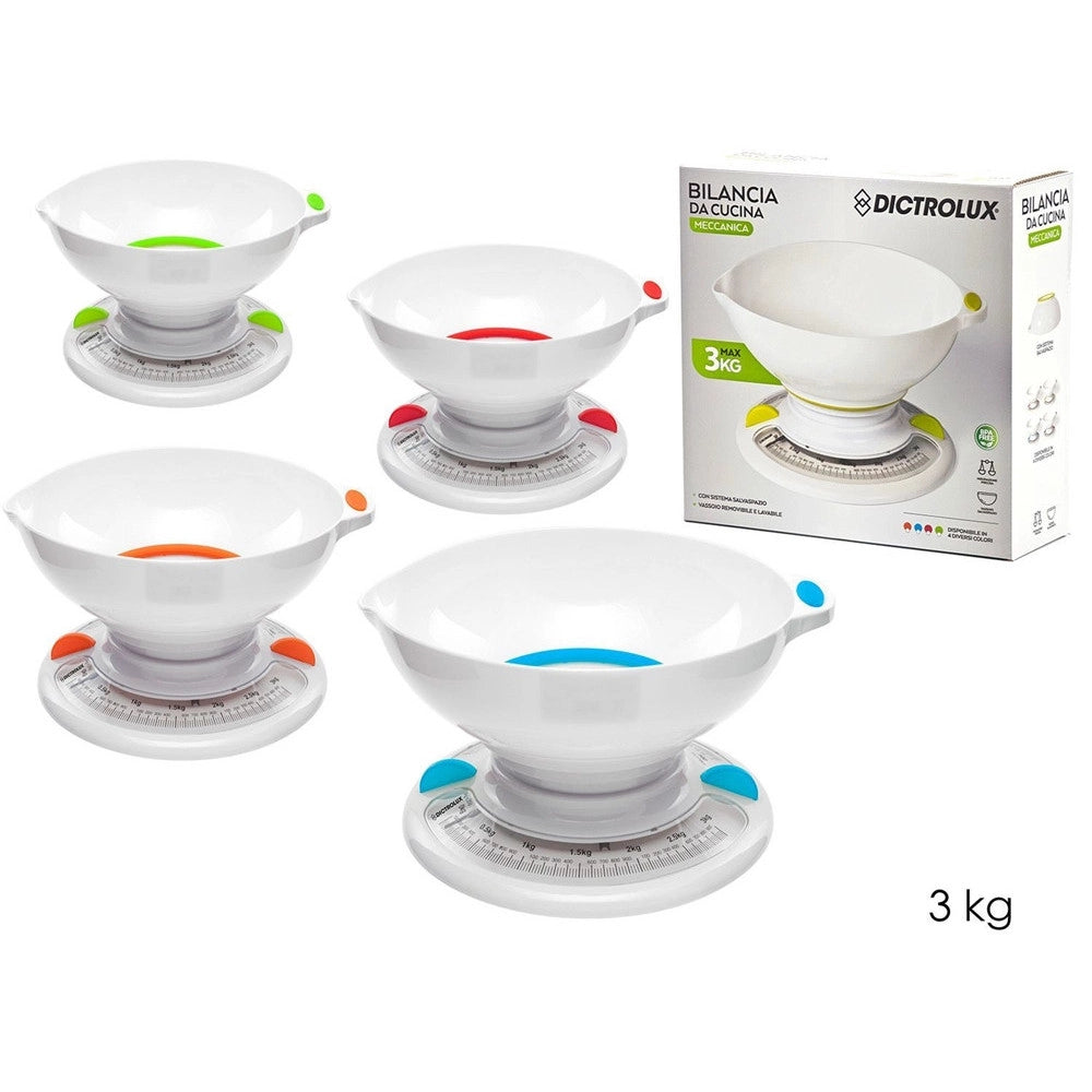 Trade Shop - Bilancia Da Cucina Meccanica Analogica Max 3kg Ciotola Con Beccuccio Versatore Salvaspazio -