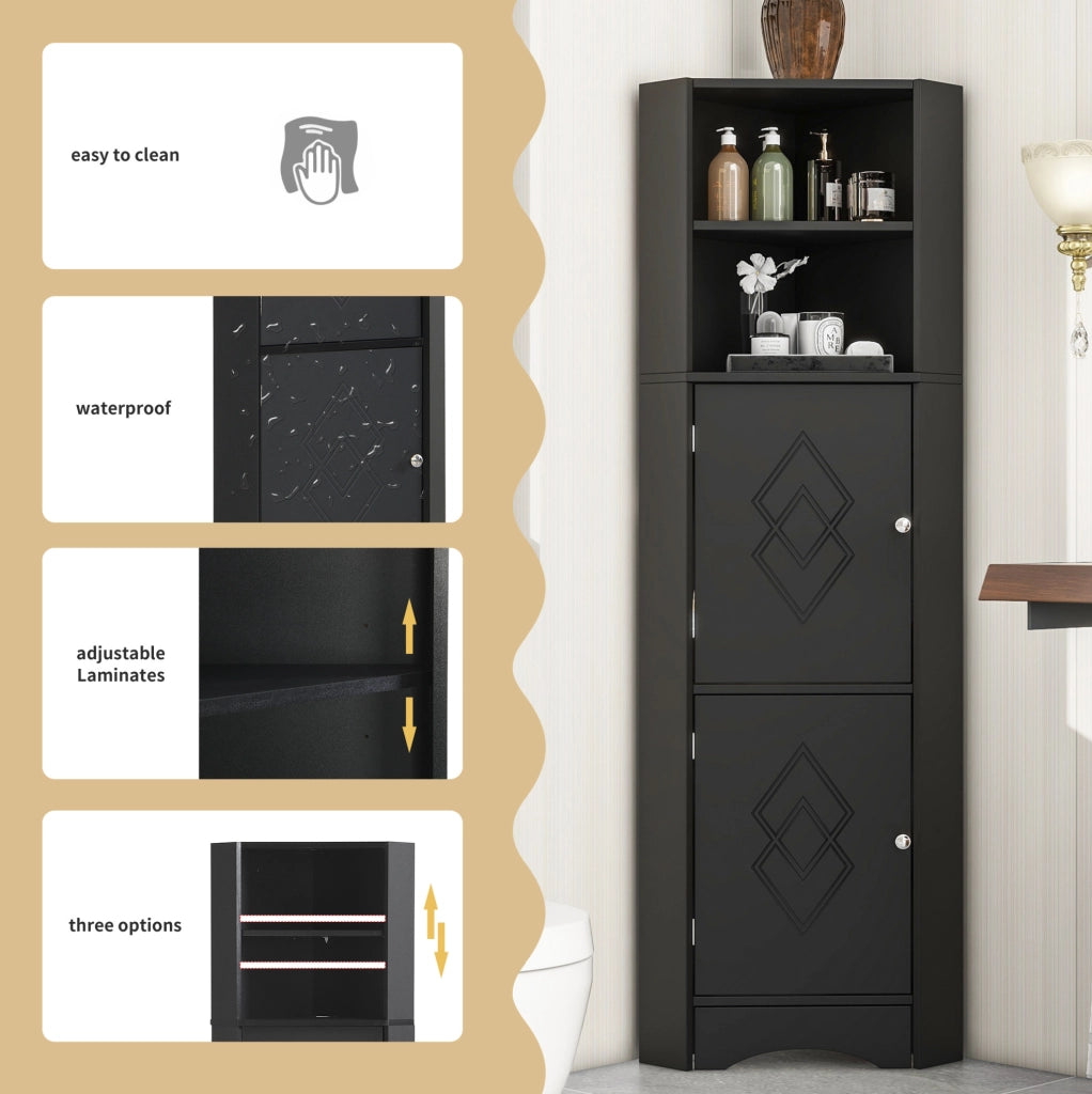 Mobile bagno angolare con due ripiani e ripiano regolabile, 36,5x36,5x155 cm, nero