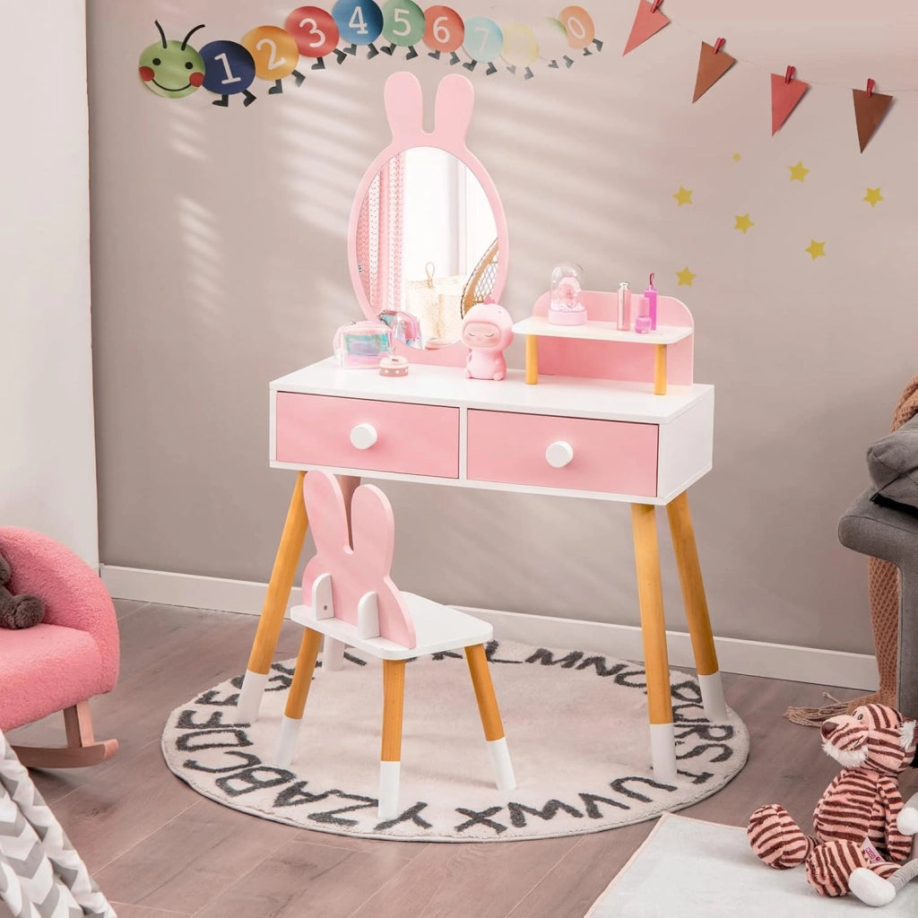 Toeletta Trucco 2 in 1 per Bambina, Specchiera a Forma di Coniglio Staccabile per Ragazza in Legno con Sgabello, Ripiano e 2 Cassetti, Postazione Trucco, 78 x 37 x 110cm (Rosa)