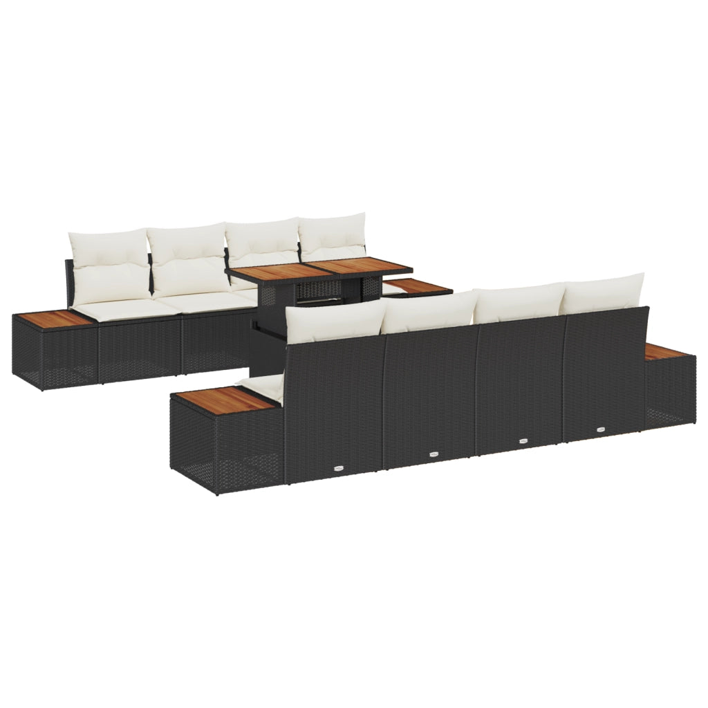 Set da Pranzo da Giardino a 9 Pezzi con Cuscini Rattan Nero Acacia