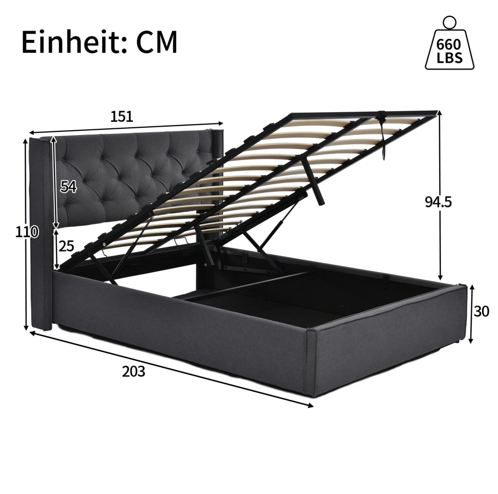 Letto matrimoniale imbottito 140x200 cm con contenitore e rete a doghe; grigio