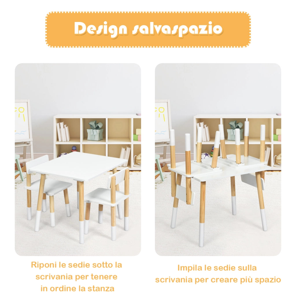 Set tavolo e 2 sedie con gambe in legno di pino per bambini, Set tavolo attivit¨¤ per bambini Bianco