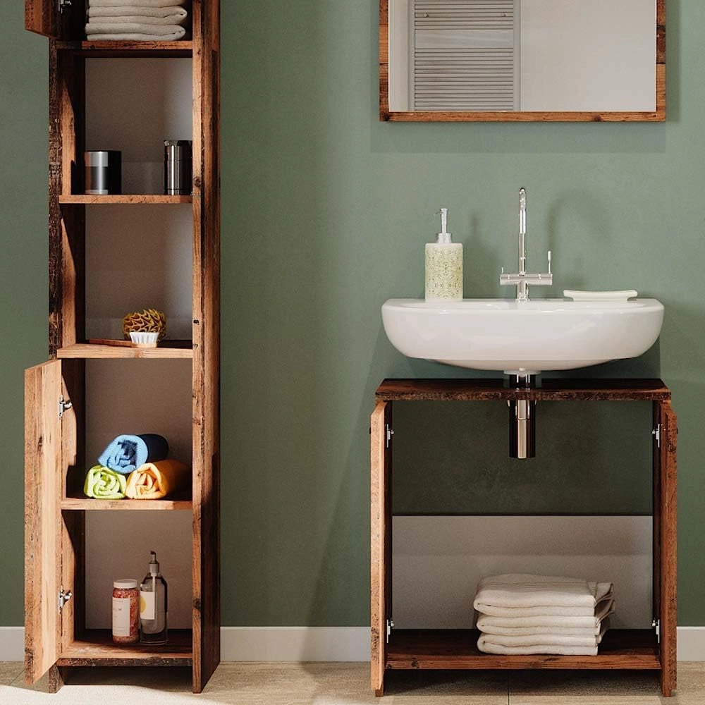 Set mobili bagno Kiko, Rovere rustico, 58 cm, composto da mobile sottolavabo, specchiera e colonna alta