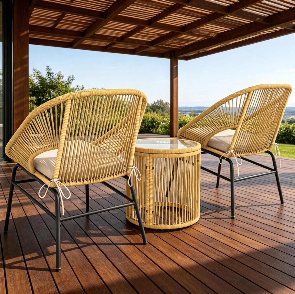 Set da balcone 2 posti beige in acciaio e rattan sintetico, tavolo con vetro