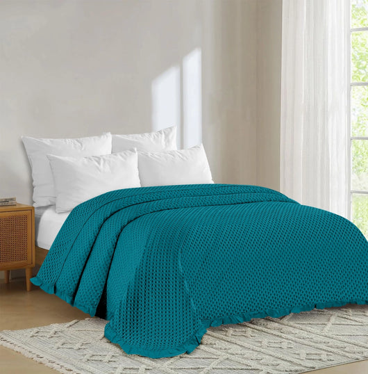 Copriletto Trapuntato Volant Matrimoniale Trapuntino Tinta Unita Due Piazze Con Balze Coperta Leggera Primavera Estate Trapunta Leggera Ottanio