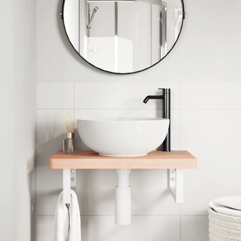 Ripiano a Parete per Lavabo in Acciaio e Massello di Faggio
